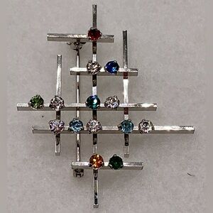Silver Geometric Brooch with Multicolor Gems